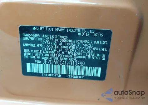 2015 Subaru Xv Crosstrek 2.0I Premium z USA, uszkodzony, nr VIN JF2GPACC4F8313389